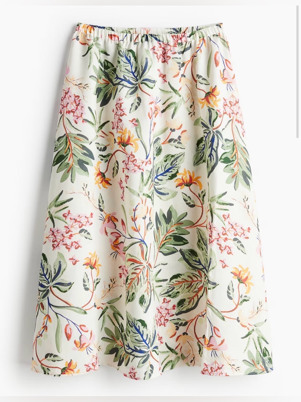 Linen blend Floral A-Line Midi Skirt in Cream with Green & Pink Floral Print